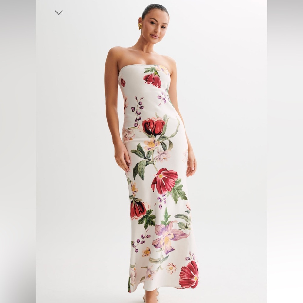 Meshki White Strapless Maxi Dress with Red & Green Floral Print